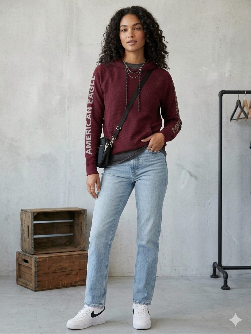 American Eagle AEACTIVE Flex Maroon Waffle Knit Hoodie - Size S